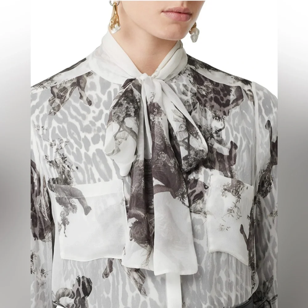 BURBERRY Amelie Bow neck Angel print Mulberry silk sheer long sleeve blouse - Picture 3 of 17